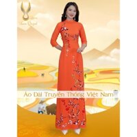 Áo Dài Truyền Thống Dải Hoa Đào Đông Nền Cam Tươi Trẻ QK81, Lụa Nhật Thoáng Mát - Xuân Quỳnh Luxury