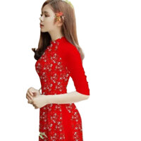 Áo dài truyền thống đỏ họa tiết hoa - Áo dài Ngọc Hân