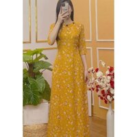 Áo Dài Truyền Thống Hoa Nhí Màu Vàng Cổ Tròn Tay Lỡ Cực Đẹp