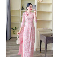 Áo Dài Truyền Thống Lụa Gấm Hồng , Áo Dài Dáng Ôm Cổ Tròn Đính Nơ Nổi Bật Nhẹ Nhàng Duyên Dáng .