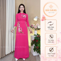 Áo dài truyền thống lụa Mỹ màu hồng thêu hoa lan, áo dài Hải Đăng đẹp tôn dáng tay lỡ cổ 2cm