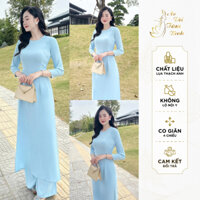 Áo Dài Truyền Thống Lụa Thạch Anh, Màu Xanh ngọc, Áo Dài Cổ Tròn Trơn