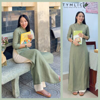 Áo Dài Truyền Thống May Thủ Công Chất Liệu Linen Tưng Premium Cổ Vuông Hở Màu Rêu Nhạt AD443 TYMLIC(Không kèm quần)