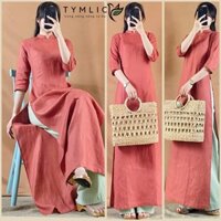 Áo Dài Truyền Thống May Thủ Công Chất Liệu Linen Tưng Premium Cổ Vuông Hở Màu Đỏ AD440 TYMLIC(Không kèm quần)