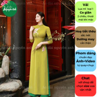 Áo dài truyền thống Nguyên Anh, Áo chất lụa mĩ màu cốm, thêu hoa tay lỡ size s đến xxl