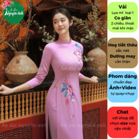 Áo dài truyền thống Nguyên Anh, Áo chất lụa mĩ màu tím cà, thêu hoa tay lỡ size s đến xxl