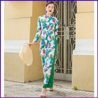 Áo Dài Truyền Thống Nữ Cổ Tròn Vải Lụa Màu Xanh In Hoạ Tiết Hoa Cẩm Tú Cầu Có Nhiều Size