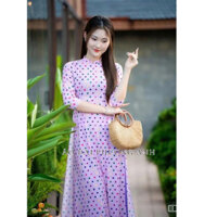 Áo dài truyền thống nữ hoạ tiết in màu tím nhẹ nhàng - Áo Dài Phương Anh Nữ - tà dài 138m,tay lỡ