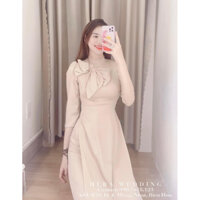 Áo Dài Truyền Thống Vai Bồng BẢO HIẾU Sẵn ADC566 Lụa Tơ Tây Thi Đính Nơ Da Be Đậm HỒNG Dự Tiệc Lễ Tết Đẹp