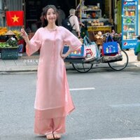 Áo dài voan tơ 2 lớp cut-out cổ, set áo dài trơn phối nơ đính ngọc nhiều màu Salavi H2 339