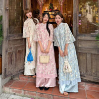 Áo dài voan tơ BẠCH VŨ in hoa phối thắt nơ đôi kèm quần satin bóng vintage