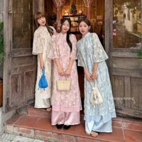 Áo dài voan tơ BẠCH VŨ in hoa phối thắt nơ đôi kèm quần satin bóng vintage SP03 k0