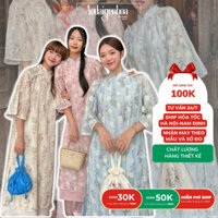 Áo dài voan tơ BẠCH VŨ in hoa phối thắt nơ đôi kèm quần satin bóng vintage