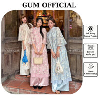 Áo dài voan tơ BẠCH VŨ in hoa phối thắt nơ đôi kèm quần lụa Gum Official, Set áo dài Tết hoa nhí dáng suông tay lỡ