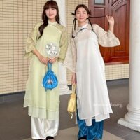 Áo dài voan tơ họa tiết in hoa sen chìm viền cong cách điệu phối cúc bọc kèm quần satin HAVANA AD127