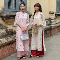 Áo dài voan tơ LỘ TƯ 4 tà in họa tiết hoa nhí thêu cỏ mùa xuân kèm quần Satin HAVANA AD178