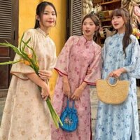 Áo dài voan tơ phối viền Maian áo dài cổ tim dáng suông tay lỡ 4tà in hình hoa cánh phượng phối cúc ngọc nhẹ nhàng S5269