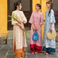 Áo dài voan tơ phối viền Maian áo dài cổ tim dáng suông tay lỡ 4tà in hình hoa cánh phượng phối cúc ngọc nhẹ nhàng S5269