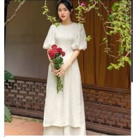 Áo dài xu hướng, Áo dài cách tân, Áo dài gấm xốp tay phồng cổ tròn đính cườm cách điệu