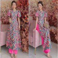 Áo dài xu hướng, Áo dài hot, Áo dài gấm nền hoa cổ tròn tay phồng trẻ trung tôn dáng, Áo dài cách tân