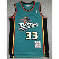Áo đấu NBA Detroit Pistons số 33 Hill Hill, áo thể thao nhãn retro, lưới xanh