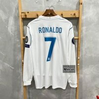 ÁO ĐẤU REAL MADRID 2017/18 RETRO HÀNG THÁI SÂN NHÀ TRẮNG SỌC XANH TAY DÀI IN FULL LOGO CHI TIẾT CK & RONALDO #7