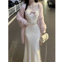 Áo dây ren phong cách ngọt ngào mùa thu đông 2024 + Chân váy bodycon cao cấp + Áo khoác lông chồn mềm mại màu hồng