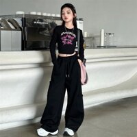 ÁO ĐEN TD Ngôi sao hồng - Áo croptop tay dài - Áo thun cho bé gái 5 tuổi - 15 tuổi