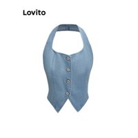 Áo denim Lovito màu trơn phối nút phong cách thường ngày cho nữ L58AD118 (Xanh dương)