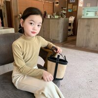 Áo dệt kim AMBB KIDS bé gái thu đông kaki cổ rùa