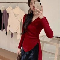 Áo dệt kim cổ chữ V Màu Đỏ khí chất kiểu Pháp áo mặc trong dài tay che bụng dây buộc cảm giác thiết kế chít eo mẫu thu đông cho nữ