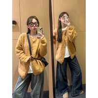 Áo dệt kim cổ tròn màu vàng Áo len mềm mại phong cách dịu dàng cổ điển kiểu Pháp mùa xuân thu Áo Khoác Cardigan Áo dáng ngắn