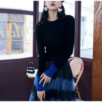 Áo Dệt Kim Cổ Tròn, Tay Dài Đắp Vải Xanh Kim Tuyến Hàng Hiệu Vero Moda