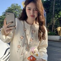 Áo Dệt Kim Dài Tay Cổ Tròn Ngọt Ngào Áo Len Thêu Hoa Mẫu Mới Năm Áo Khoác Cardigan Nữ Thu Đông