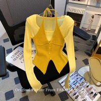 Áo dệt kim dài tay hai chiếc giả cổ phối màu áo mặc trong XẺ TÀ không đều cảm giác thiết kế đầu thu cho nữ áo nhỏ sành điệu