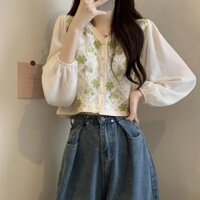 Áo dệt kim dài tay thêu hoa móc ghép ren, Áo Khoác Cardigan tôn dáng gầy dành cho người thích hợp cảm giác thiết kế mùa hè cho nữ, áo thời trang