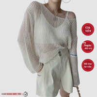 Áo dệt kim HUNALY phối lưới nữ cổ tròn bigsize dáng rộng dài tay mặc ngoài bikini quyến rũ thời trang Hàn Quốc N165