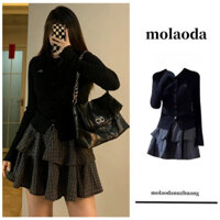 Áo dệt kim màu đen Mặc mẫu mới váy ngắn bánh ca rô phong cách Đại Học Bộ hai món nữ