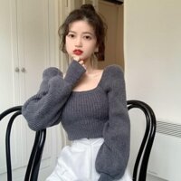 Áo Dệt Kim Màu Trơn Tay Phồng Cổ Vuông Khí Chất Cổ Điển Áo Len Thu Đông Dài Tay Giữ Ấm Cho Nữ Áo Len Thắt Eo Thon Gọn