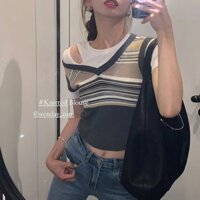 Áo dệt kim màu tương phản xiao Miss AB Bella Áo gi lê kiểu Mỹ cổ chữ V sọc mỏng tôn dáng mùa hè cho nữ