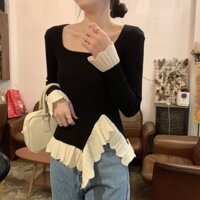 Áo dệt kim mỏng không đều màu sắc xung đột mùa thu dành cho nữ Áo dài tay xù ngắn