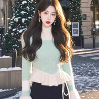 Áo dệt kim mùa đông 2024 màu xanh lá cây khâu Áo len thon gọn