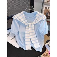 Áo dệt kim ngắn tay màu xanh sữa có khăn choàng sang trọng Phiên bản Hàn Quốc Giả hai mảnh có ảnh hưởng hàng đầu Áo sơ mi nhỏ dáng rộng dành cho nữ