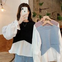Áo dệt kim nữ thời trang vạt chéo ,tay bồng giả sơ mi kiểu Hàn Quốc chất đẹp, form to cho bạn gái từ 45-70kg - Màu đen