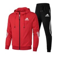 Áo đi xe đạp Adidas mới Áo len có mũ trùm đầu nam + Quần thể thao Bộ hai mảnh nam