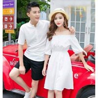 Áo đôi áo cặp 🎀FREESHIP🎀 Set áo váy sơ mi đôi trễ vai chụp cưới, du lịch màu trắng và hồng - AV03 (có ảnh thật)