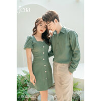 Áo đôi áo cặp nam nữ mẫu mới 2023 🎀FREESHIP🎀 Set áo váy sơ mi cặp chụp cưới màu xanh lá AV51