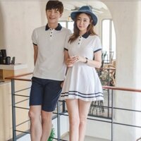 Áo đôi: Đầm thun polo dáng xoè viền xanh + Áo thun polo nam