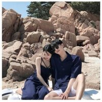 Áo đôi 🎀FREESHIP🎀 Set áo váy đôi, nữ váy dài hai dây nam sơ mi cao cấp màu xanh đen chất đẹp  - AV01