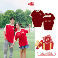 Áo Đôi GẠO HOUSE Cổ Tròn Phối Màu, Áo Thun Nam Nữ Unisex Form Rộng Chất Cotton Màu Đỏ-GHAT005
